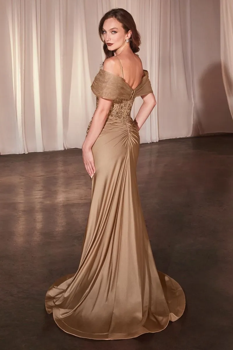 FITTED SATIN & LACE GOWN WITH OFF THE SHOULDER ACCESSORY CDCD798