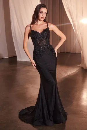 FITTED SATIN & LACE GOWN WITH OFF THE SHOULDER ACCESSORY CDCD798