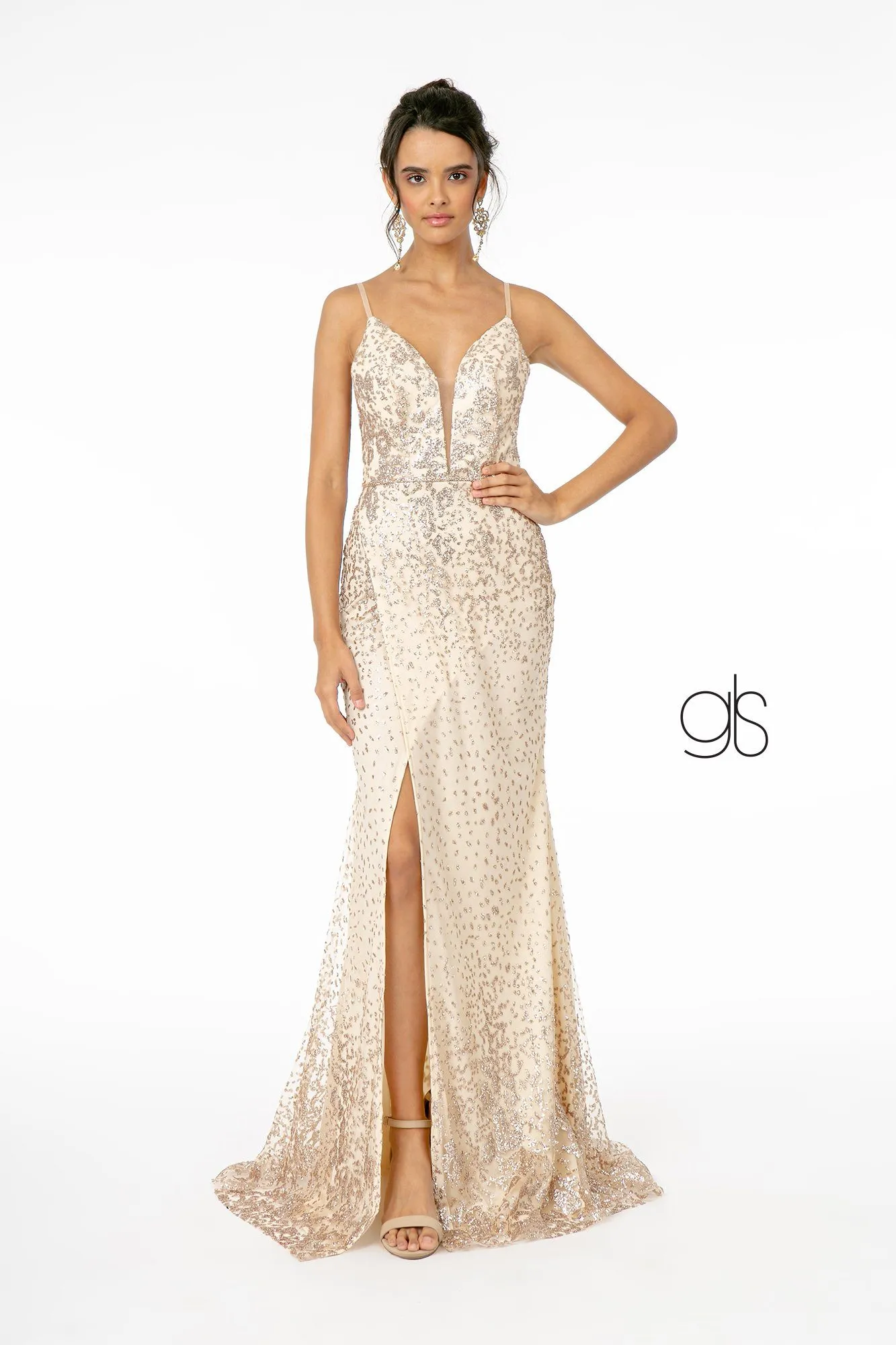 Fitted V-Neck Glitter Gown by Elizabeth K GL1844