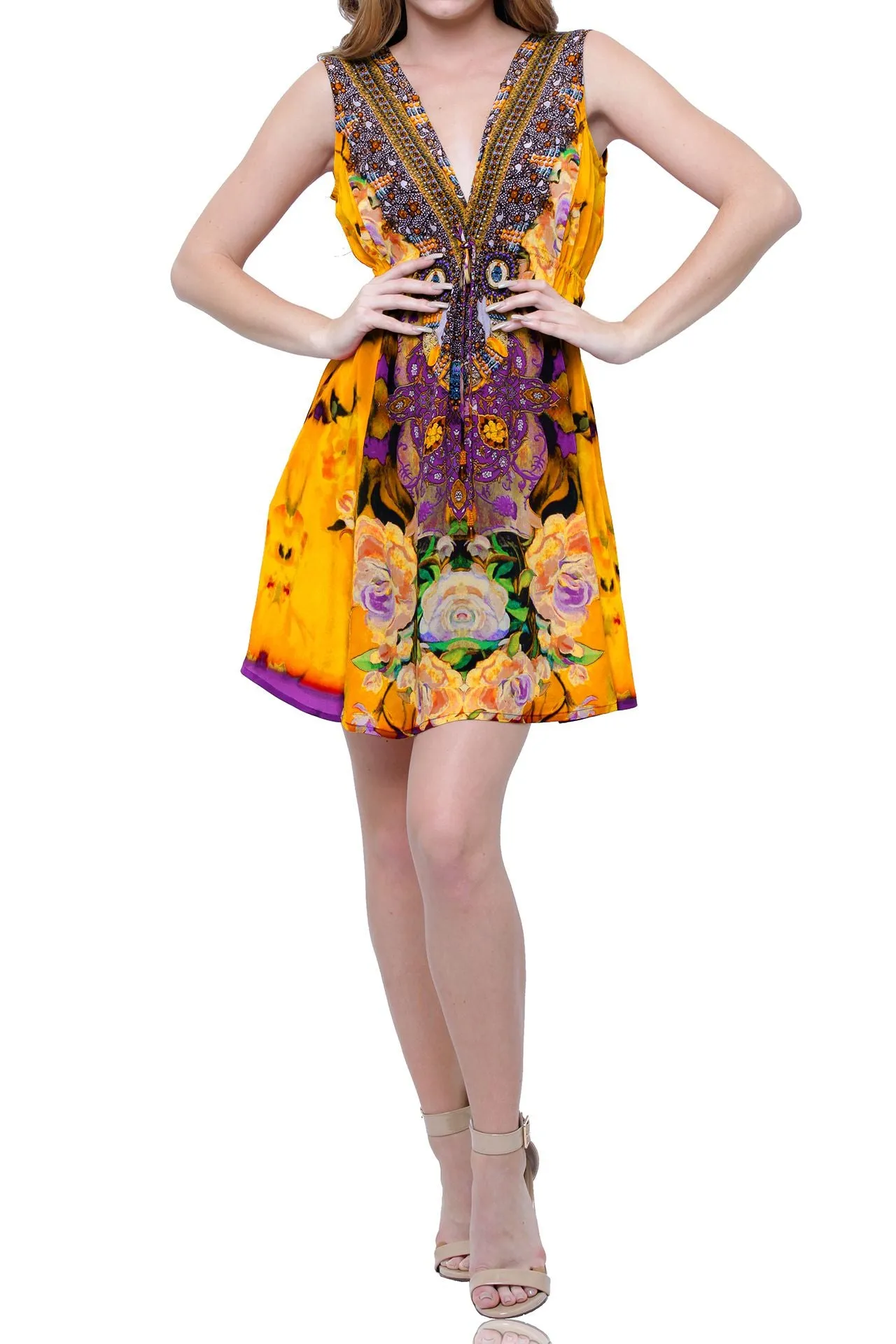 Floral Print Short Yellow Cocktail Dress