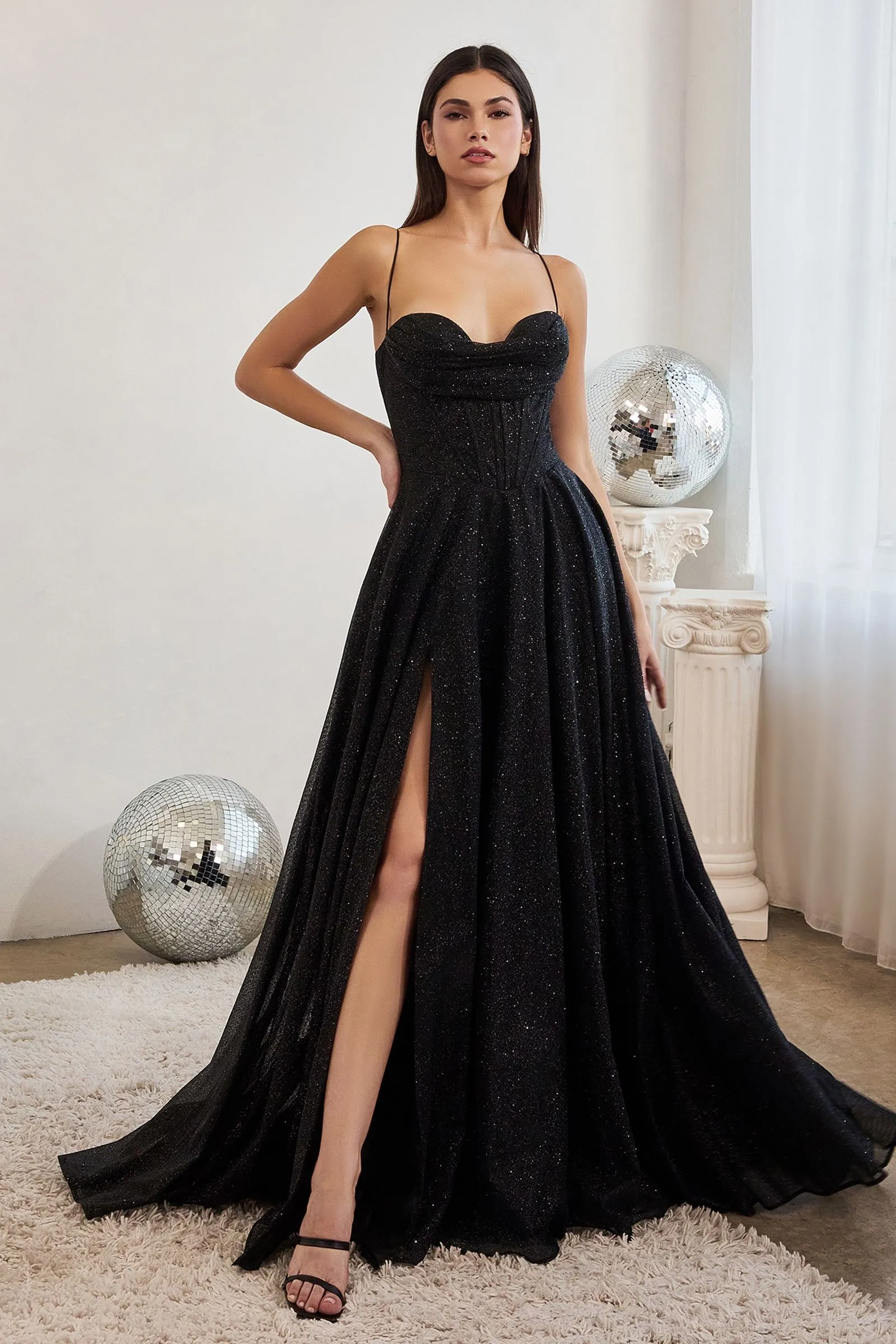 Glitter Shimmering Spaghetti Strap Cowl Neck Long Bridesmaid & Evening Dress CDCD252
