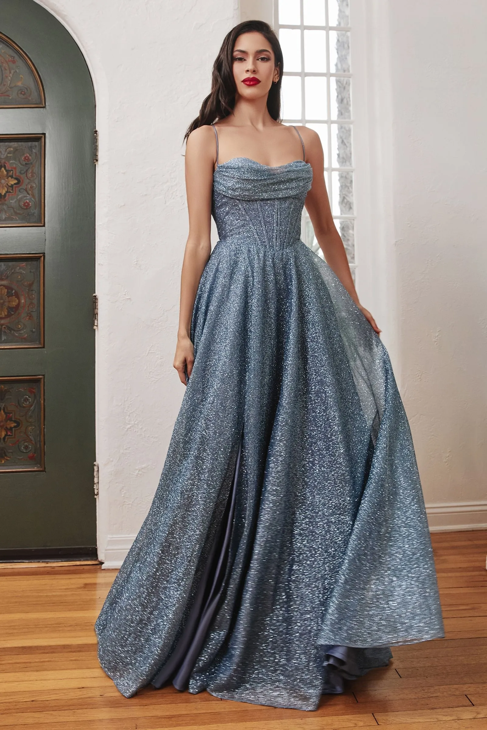 Glitter Shimmering Spaghetti Strap Cowl Neck Long Bridesmaid & Evening Dress CDCD252