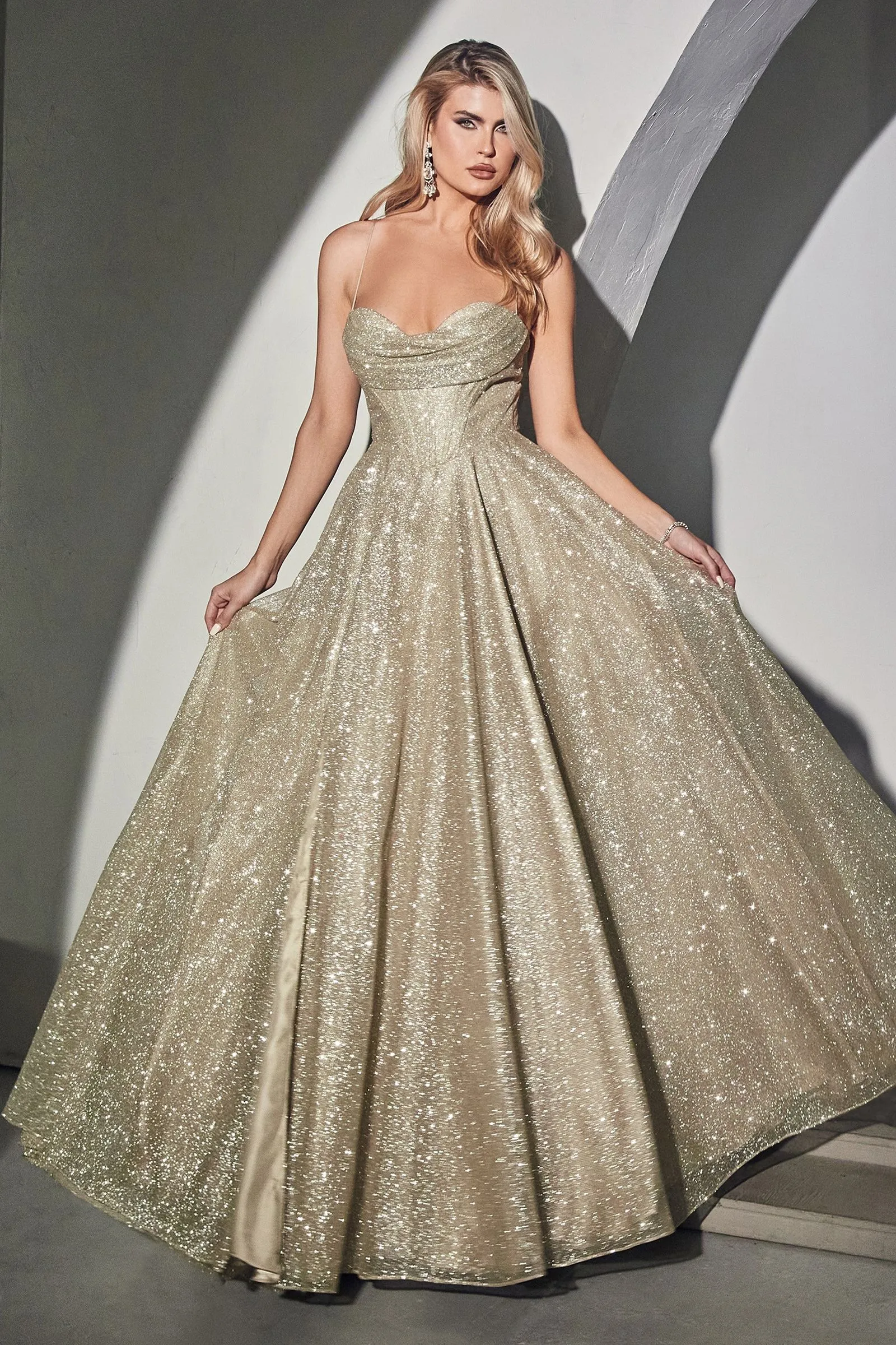 Glitter Shimmering Spaghetti Strap Cowl Neck Long Bridesmaid & Evening Dress CDCD252