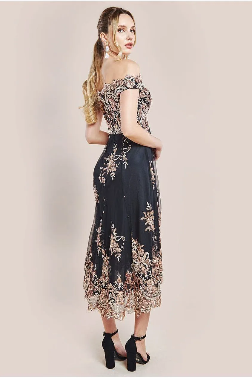 Goddiva Bardot Sequin & Lace High Low Midi - Champagne