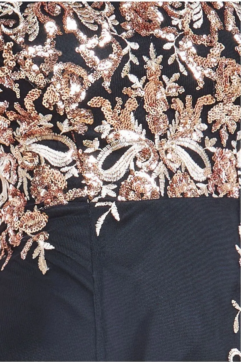 Goddiva Bardot Sequin & Lace High Low Midi - Champagne