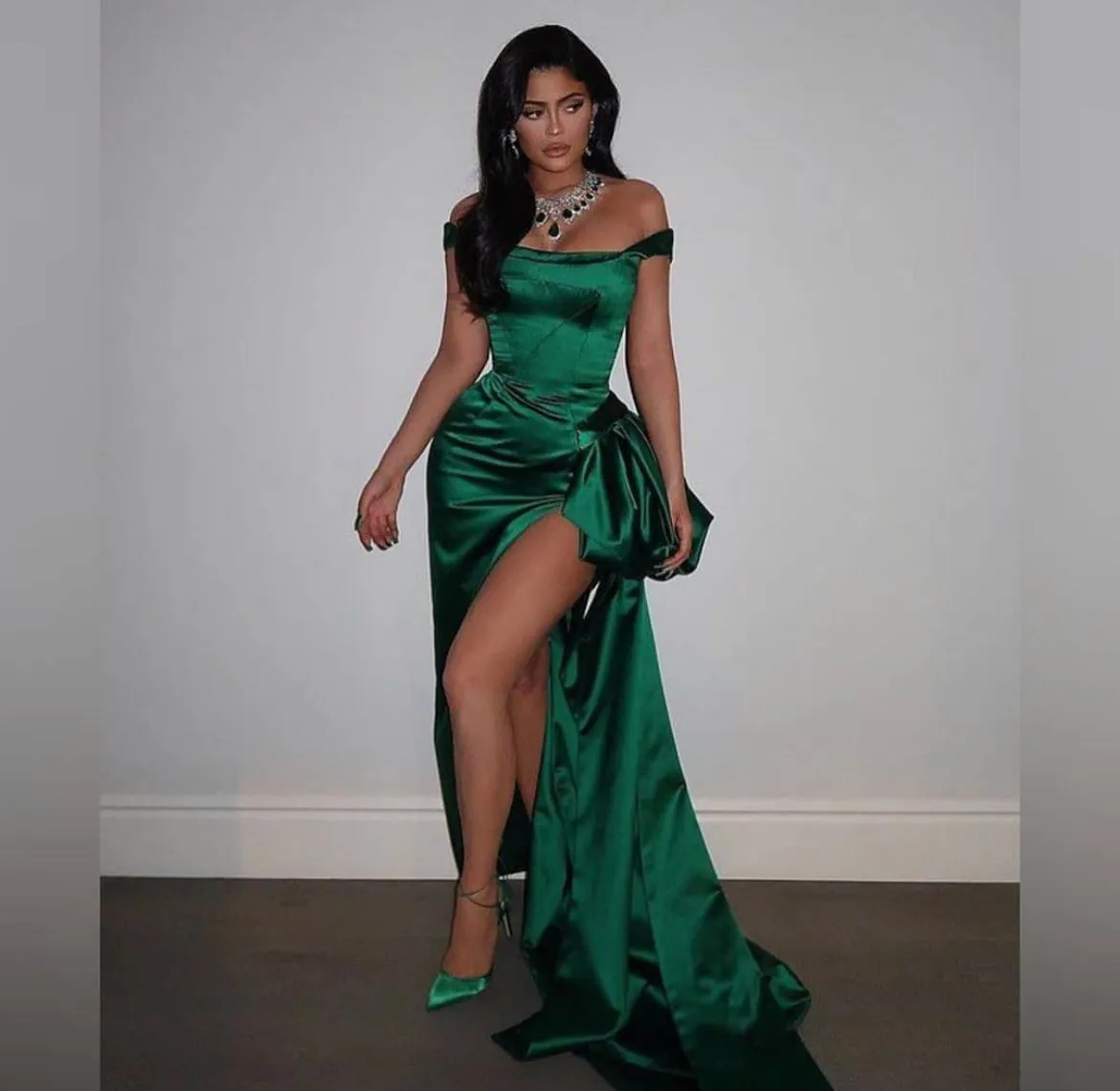 Green off shoulder side slit long porm dress