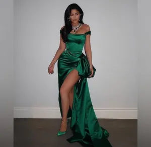 Green off shoulder side slit long porm dress