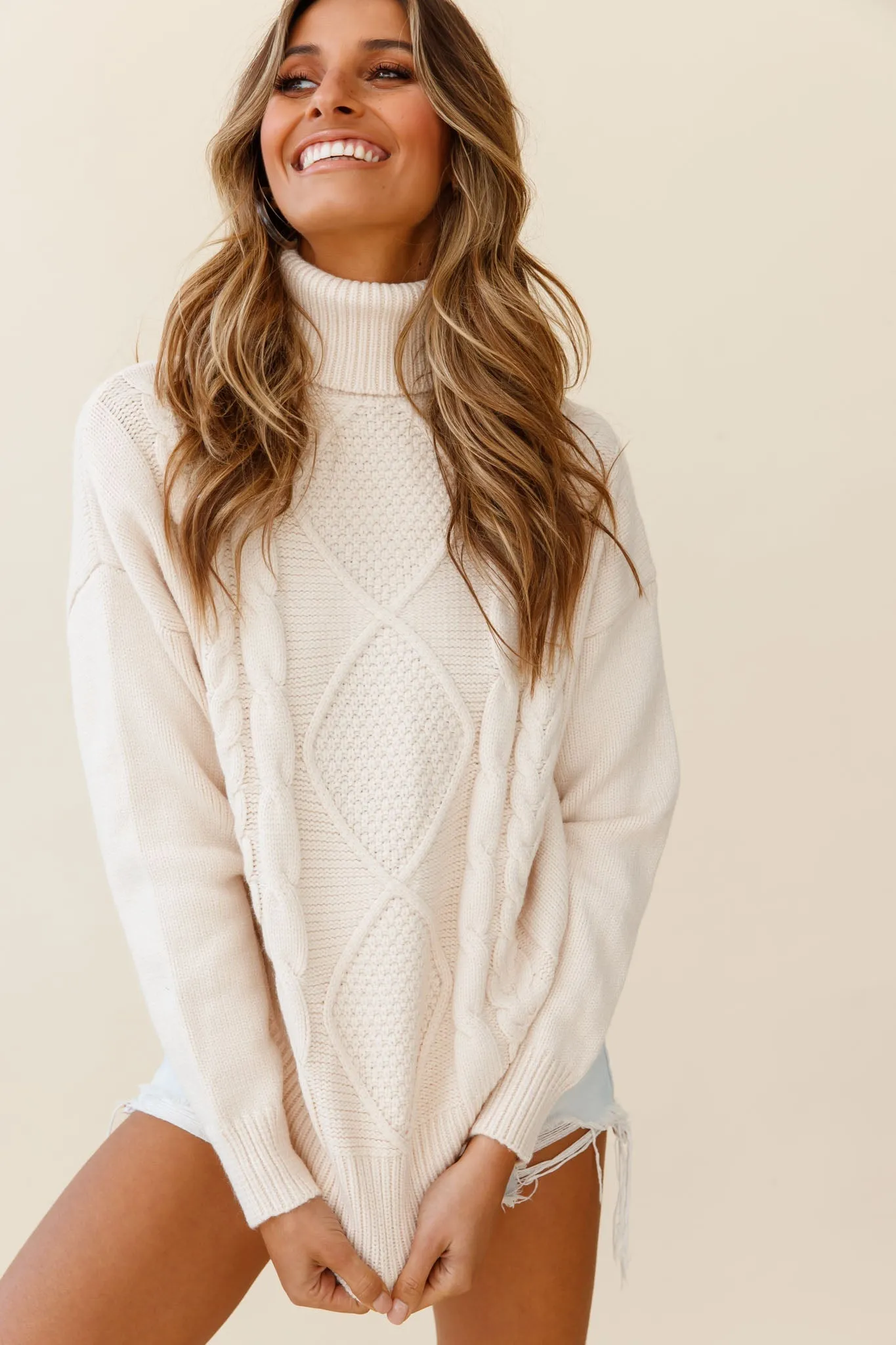 Hark Rolled Turtleneck Cable Knit Detail Sweater Cream