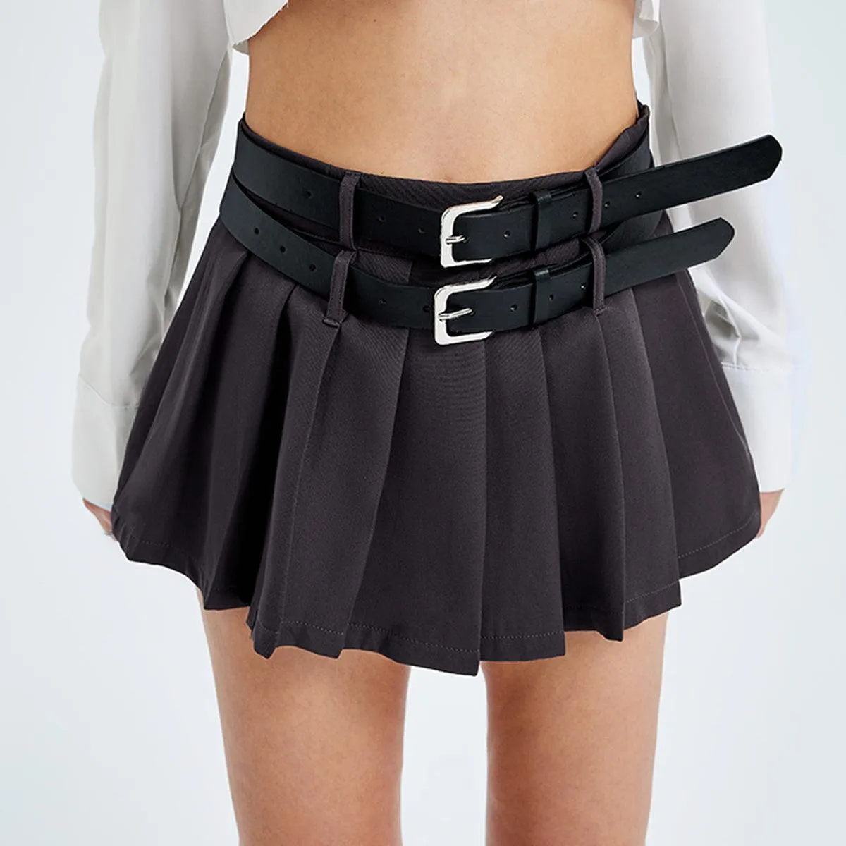 High Waist Slimming Double Belt Pleated Skirt