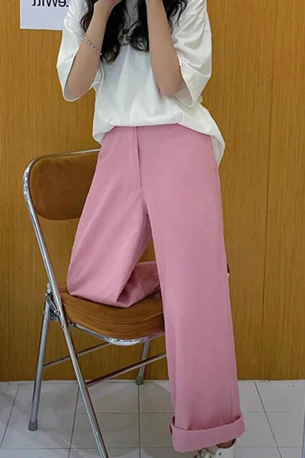 High Waist Solid Sweet Pink Pants