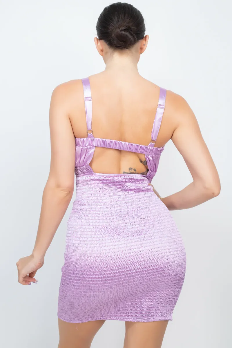 Ice Lavender Purple Satin Smocking Back Cutout Sleeveless Bodycon Mini Dress