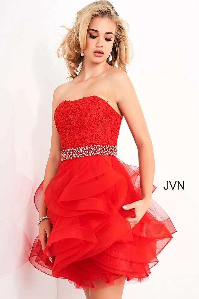 Jovani 3099 strapless lace short cocktail dress fit and flare Tulle Ruffle homecoming dress