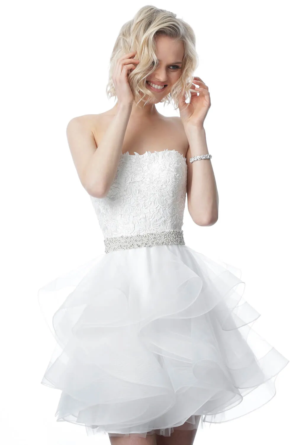 Jovani 3099 strapless lace short cocktail dress fit and flare Tulle Ruffle homecoming dress