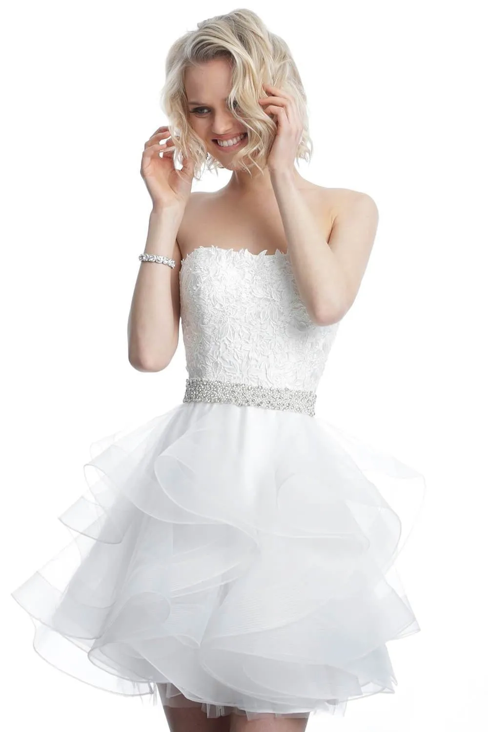 Jovani 3099 strapless lace short cocktail dress fit and flare Tulle Ruffle homecoming dress