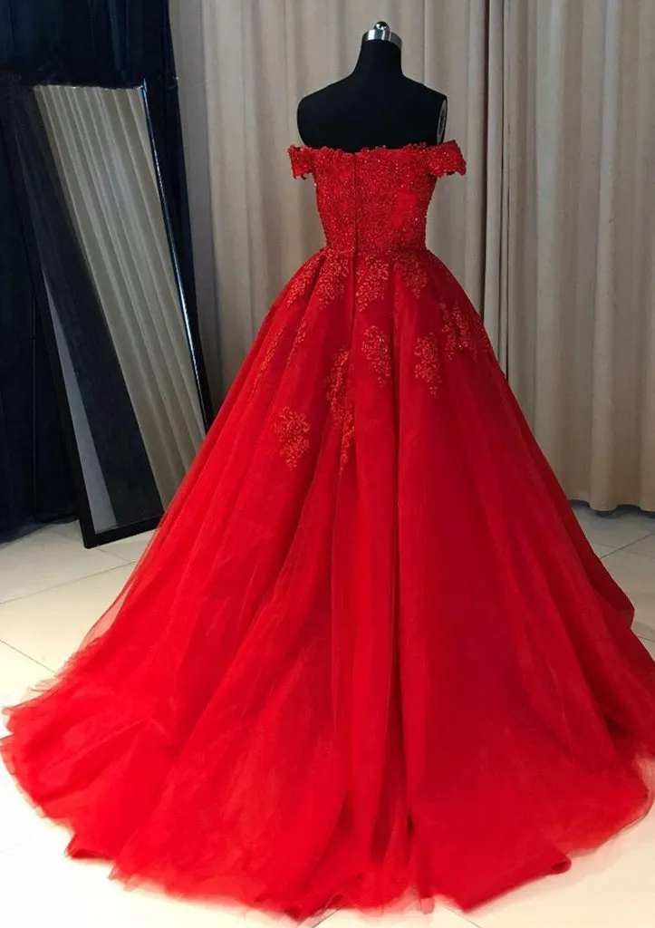 kamahe Red Ball Gown Off-the-Shoulder Sleeveless Court Train Tulle Prom Dress With Pleated Appliqued