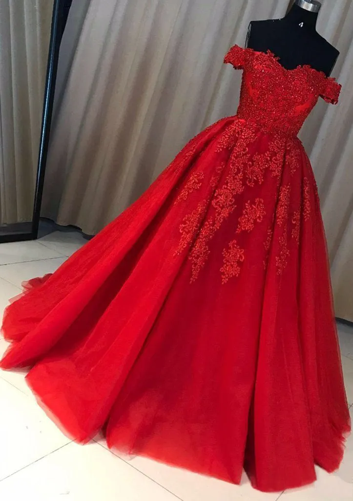 kamahe Red Ball Gown Off-the-Shoulder Sleeveless Court Train Tulle Prom Dress With Pleated Appliqued