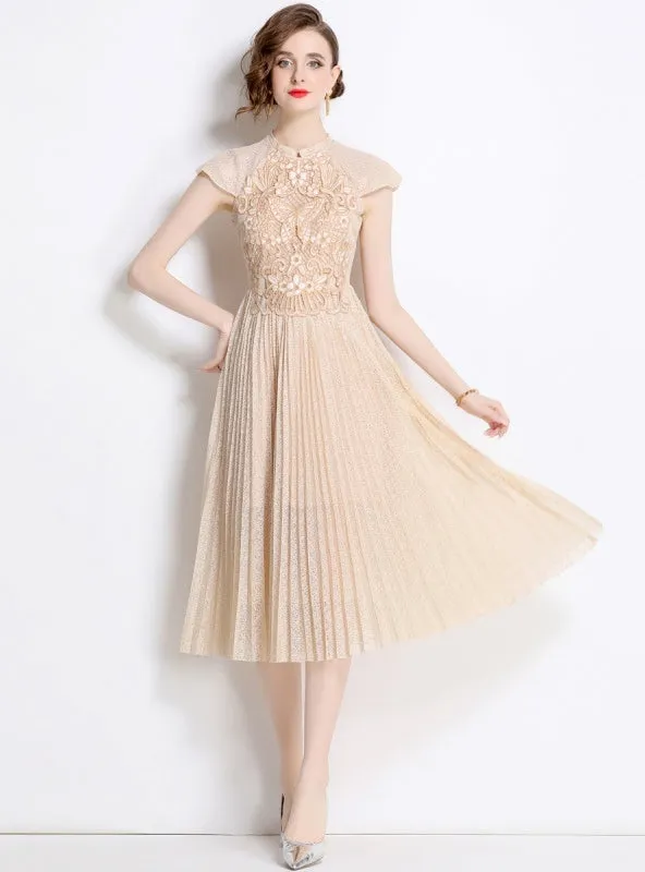 Lace Embroidered Pleated Long Dress