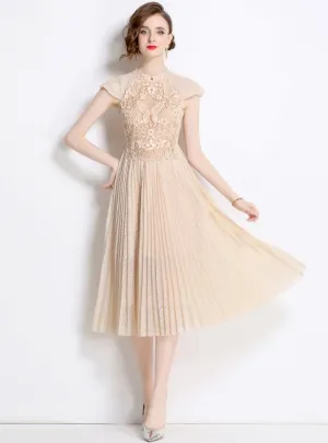 Lace Embroidered Pleated Long Dress
