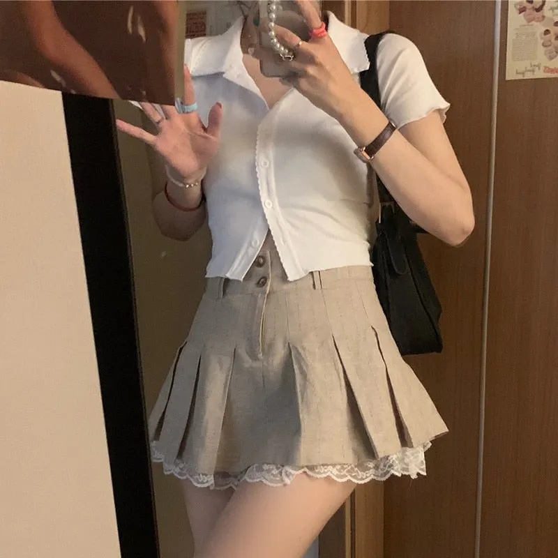 Lace Trim High Waisted Pleated Mini Skirt | Khaki Skirts For Girls | Casual Skirt | Preppy Style Short Skirts | Women Front Button Up Skirts