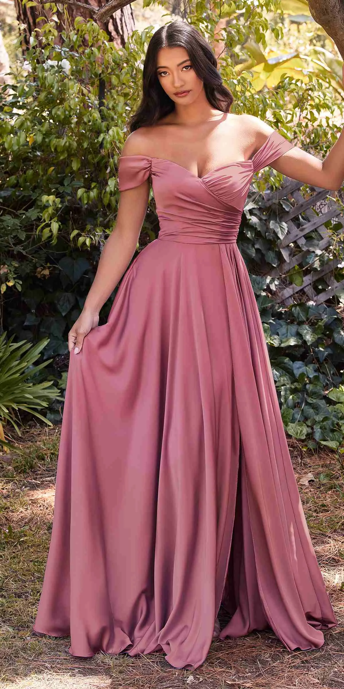 Ladivine 7493 Long A-Line Off the Shoulder Satin Dress