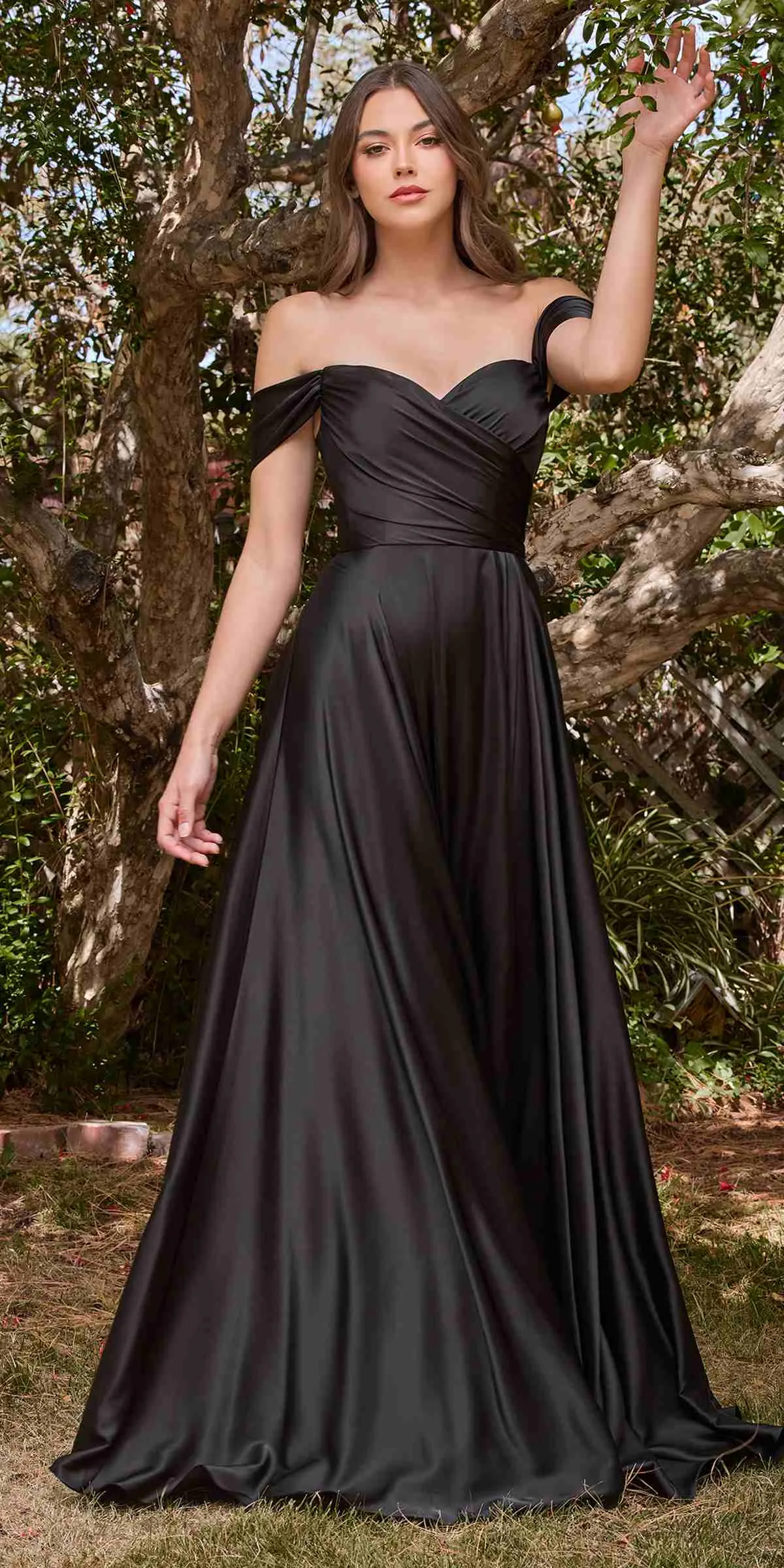 Ladivine 7493 Long A-Line Off the Shoulder Satin Dress