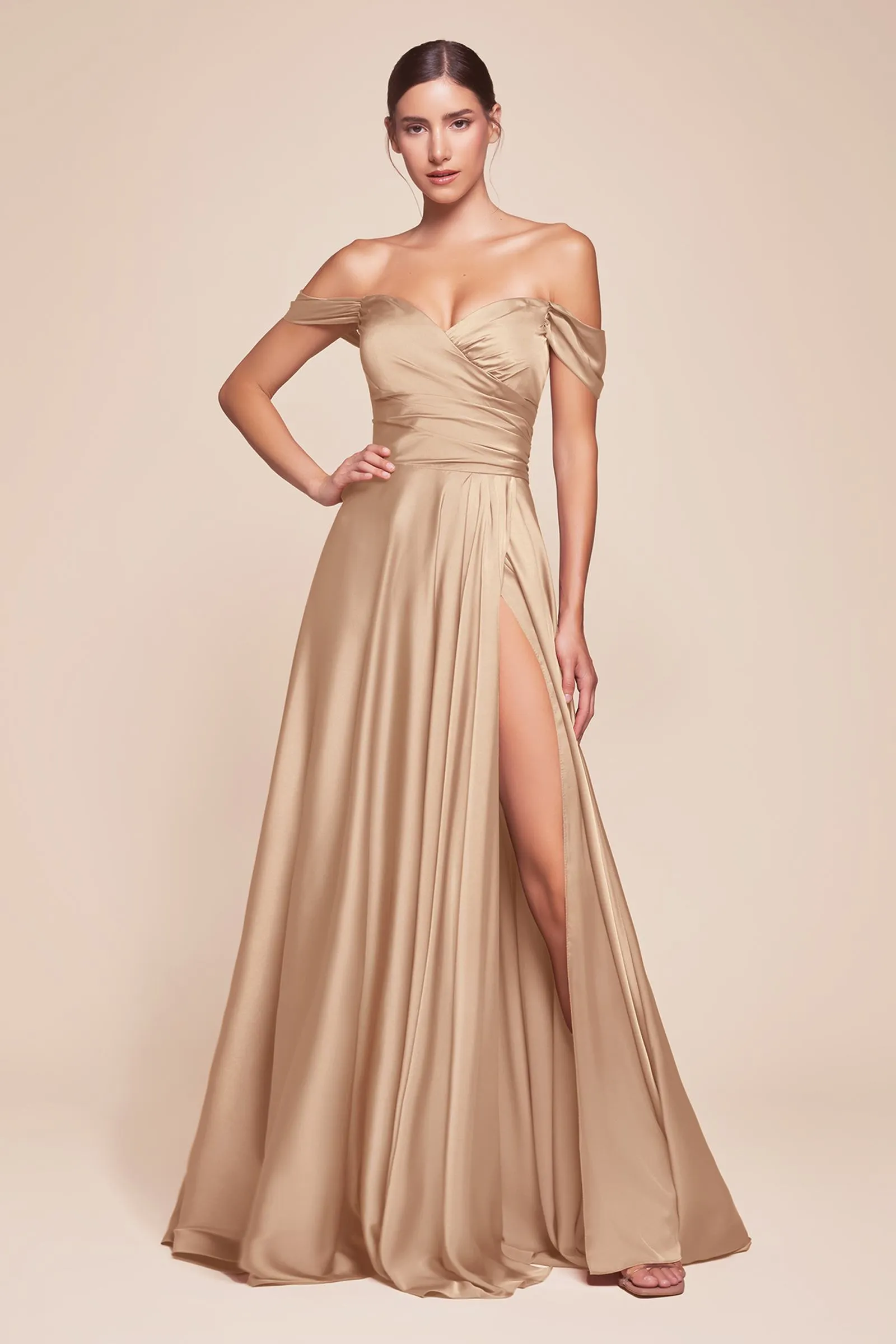 Ladivine 7493 Long A-Line Off the Shoulder Satin Dress