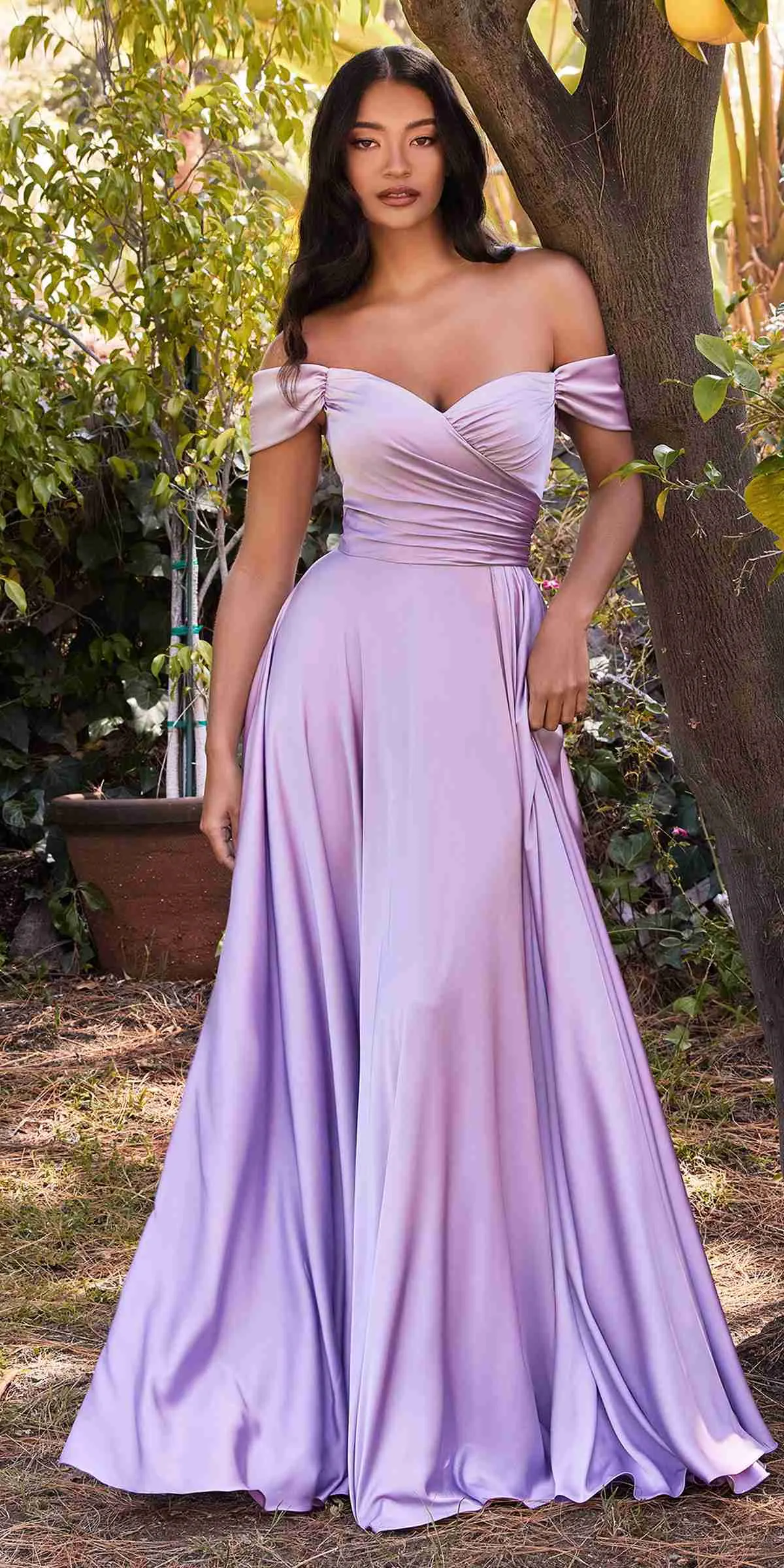 Ladivine 7493 Long A-Line Off the Shoulder Satin Dress