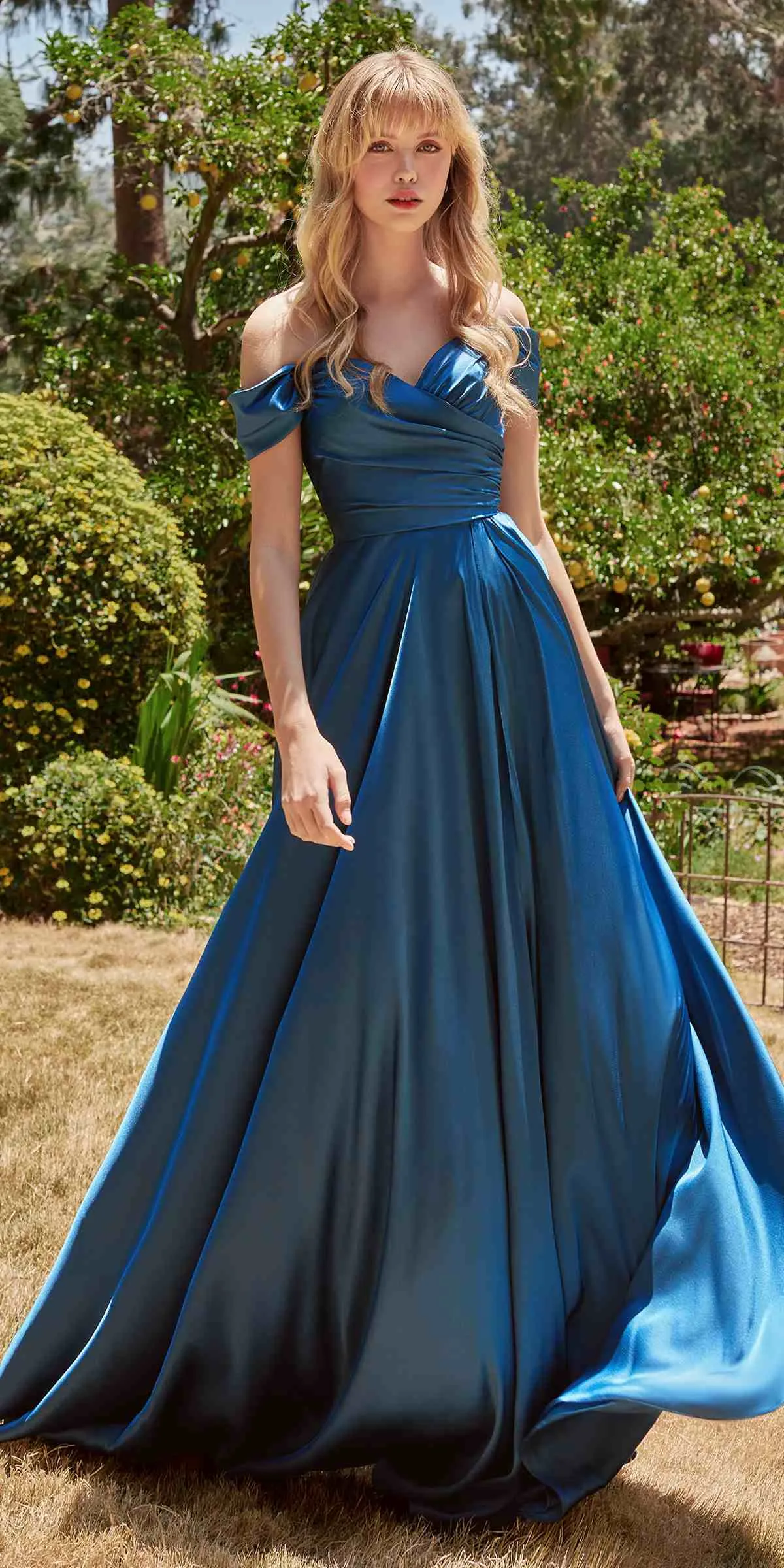 Ladivine 7493 Long A-Line Off the Shoulder Satin Dress