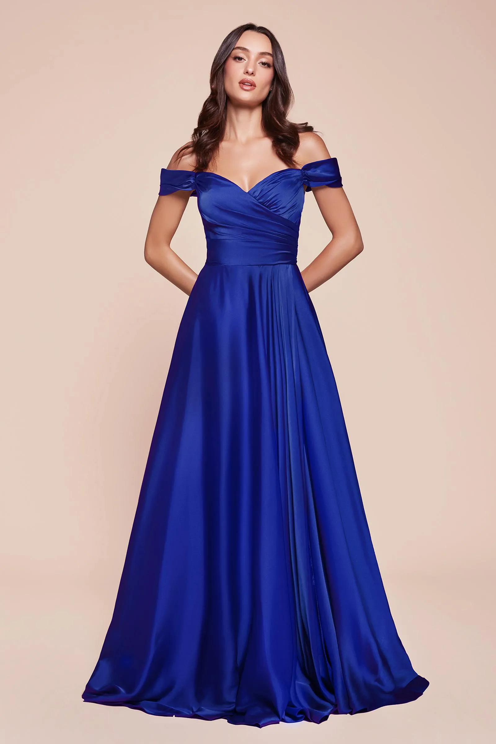Ladivine 7493 Long A-Line Off the Shoulder Satin Dress