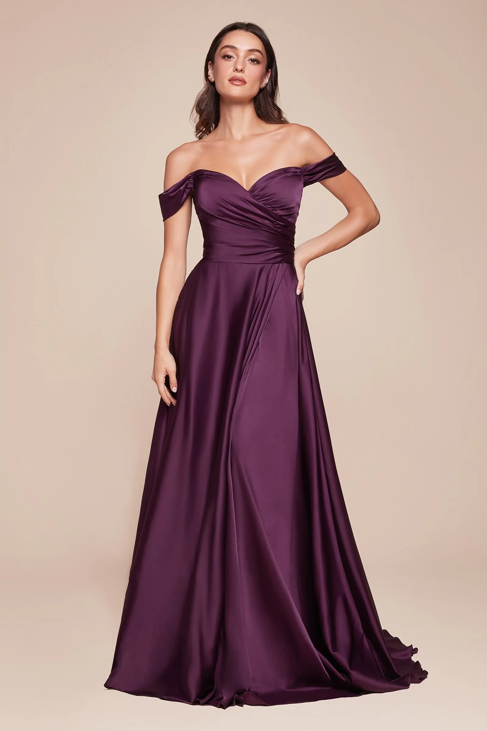 Ladivine 7493 Long A-Line Off the Shoulder Satin Dress