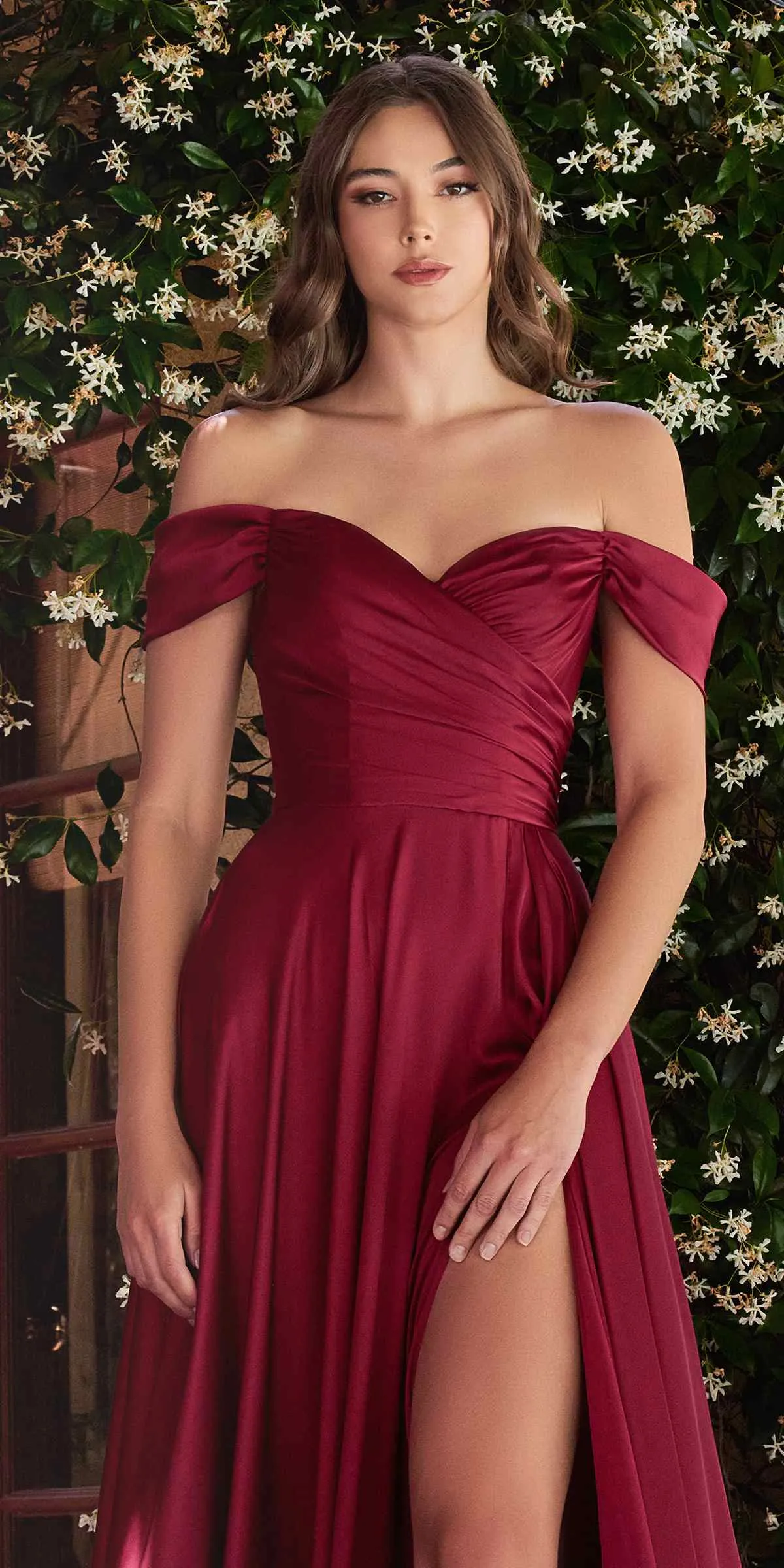 Ladivine 7493 Long A-Line Off the Shoulder Satin Dress