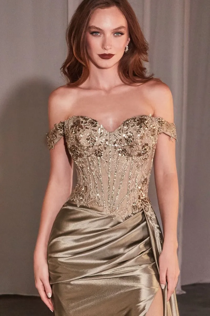 Ladivine - CD803 - Off-the-Shoulder Lace & Satin Fitted Gown