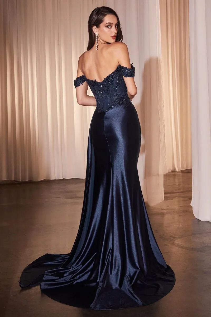 Ladivine - CD803 - Off-the-Shoulder Lace & Satin Fitted Gown
