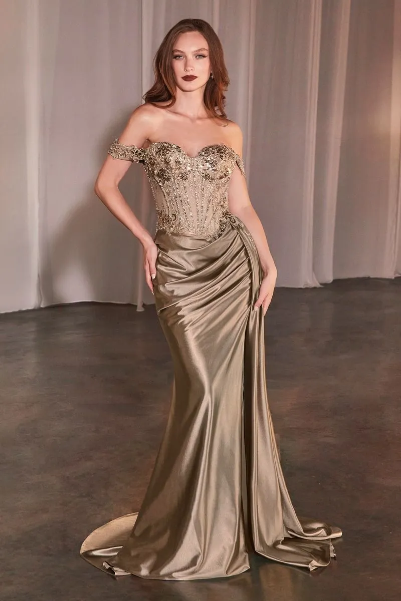 Ladivine - CD803 - Off-the-Shoulder Lace & Satin Fitted Gown