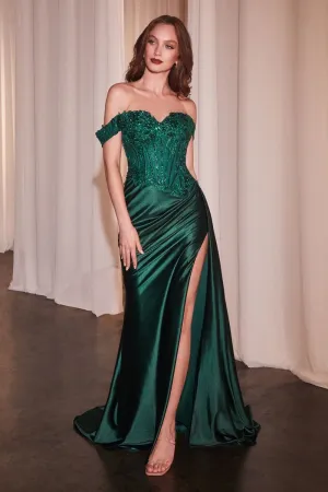 Ladivine - CD803 - Off-the-Shoulder Lace & Satin Fitted Gown