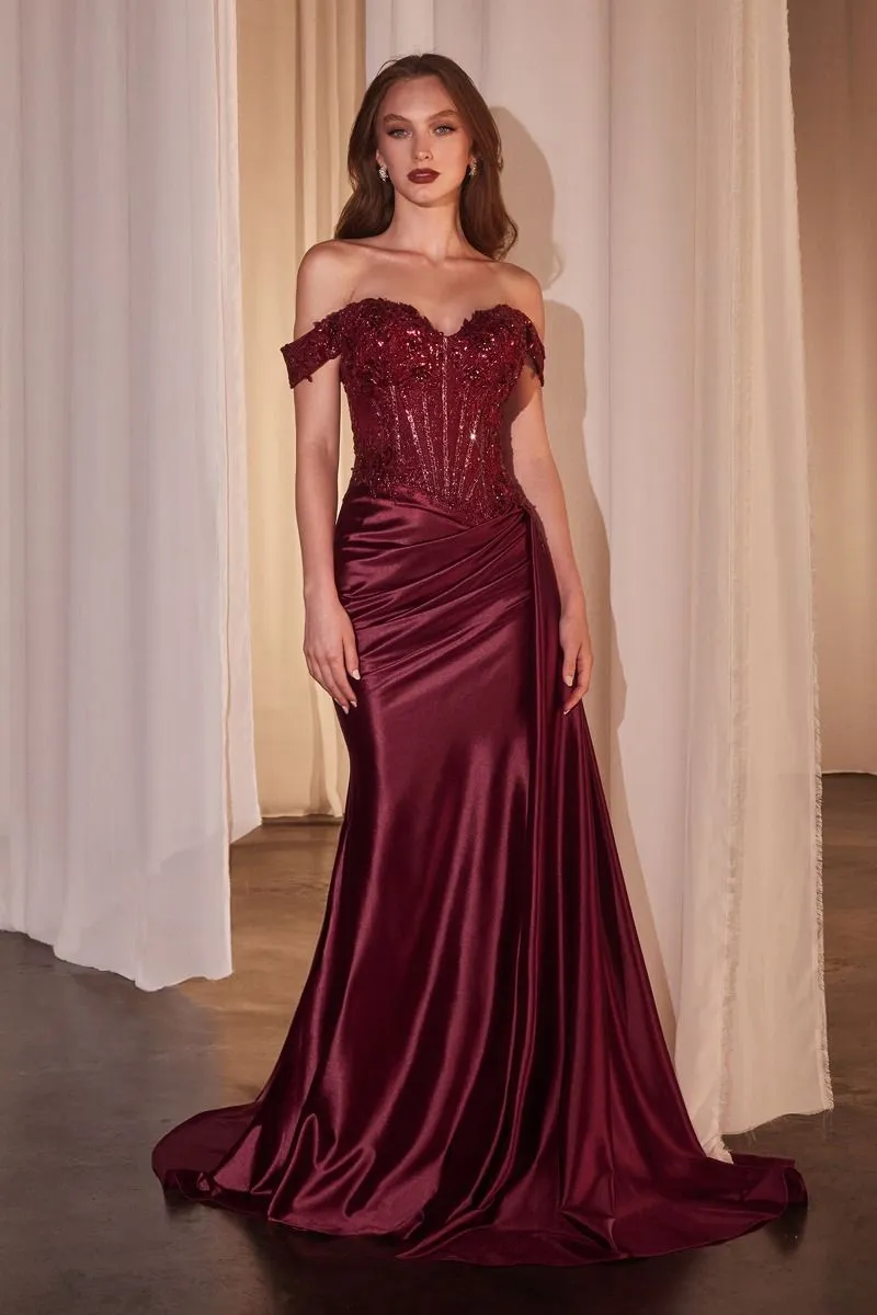 Ladivine - CD803 - Off-the-Shoulder Lace & Satin Fitted Gown