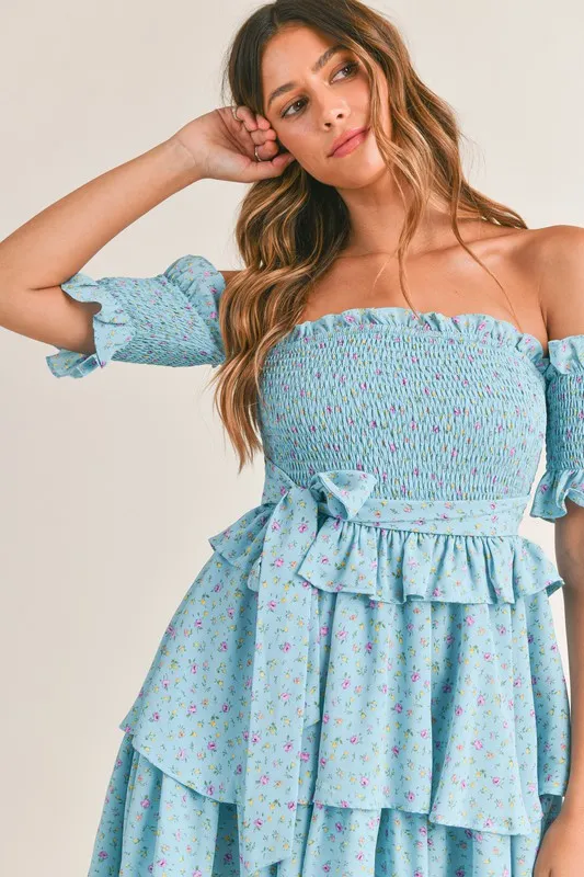 Layla Off the Shoulder Floral ruffled Mini Dress Aqua