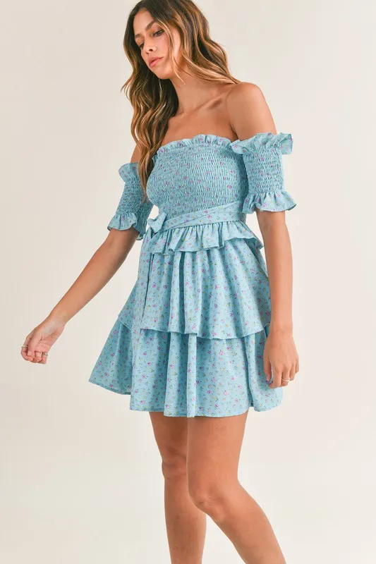 Layla Off the Shoulder Floral ruffled Mini Dress Aqua