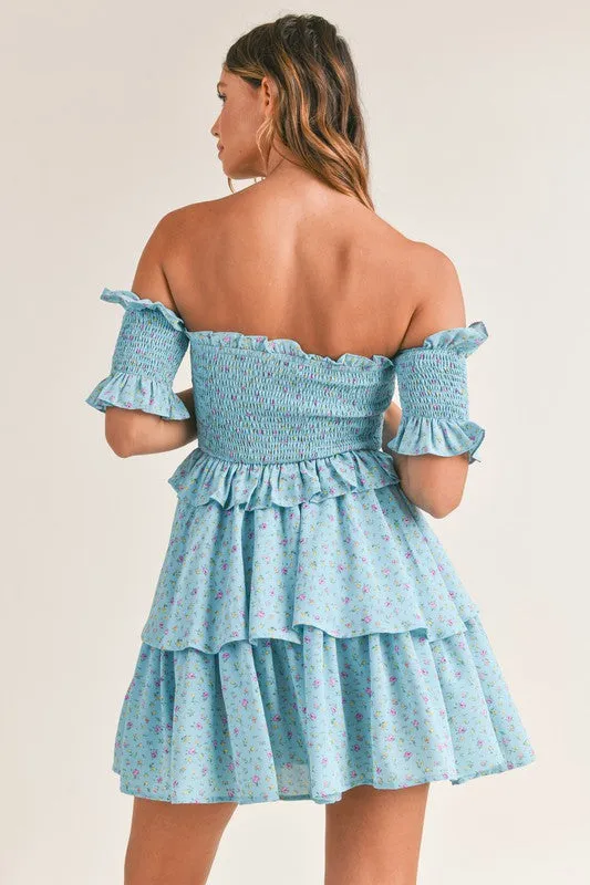 Layla Off the Shoulder Floral ruffled Mini Dress Aqua