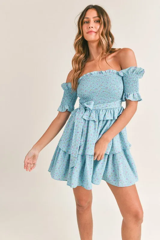 Layla Off the Shoulder Floral ruffled Mini Dress Aqua