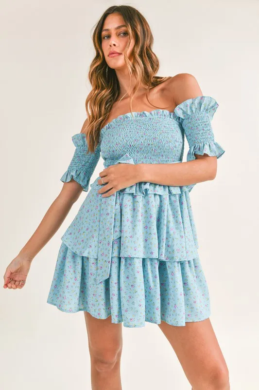 Layla Off the Shoulder Floral ruffled Mini Dress Aqua