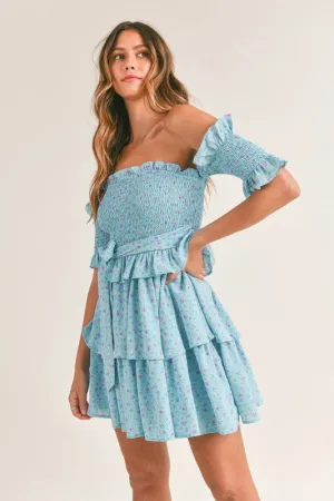 Layla Off the Shoulder Floral ruffled Mini Dress Aqua