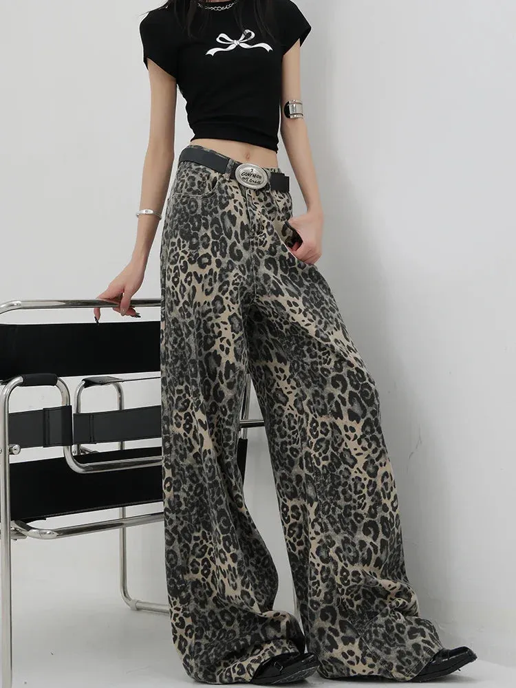 Leopard Print Streetwear High Waisted Wide Leg Jeans