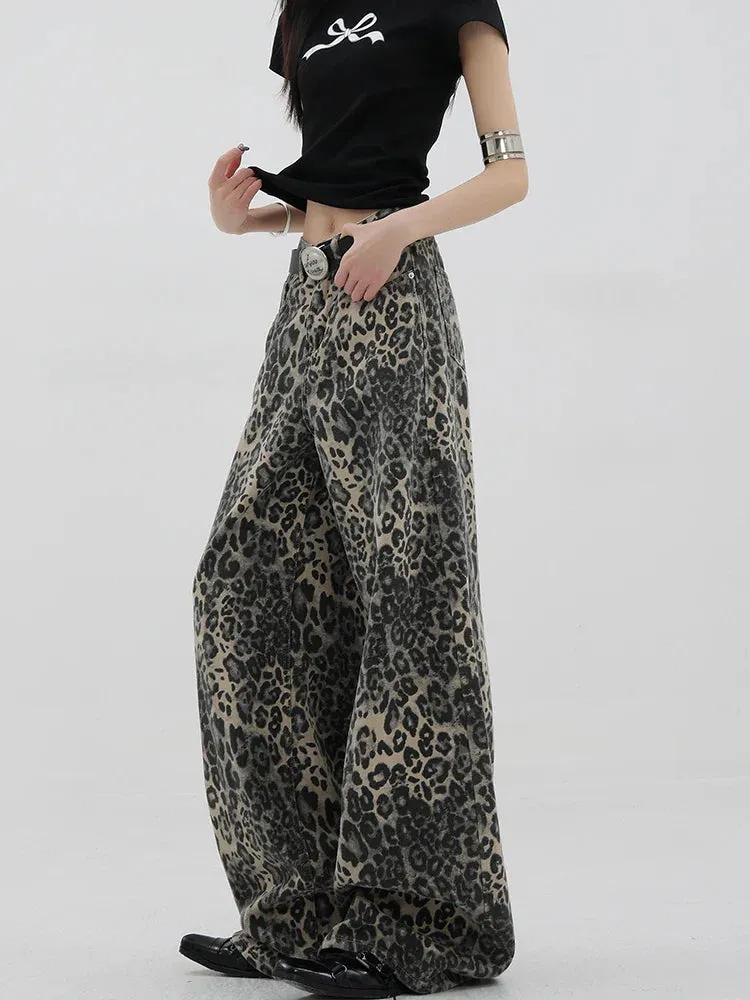 Leopard Print Streetwear High Waisted Wide Leg Jeans