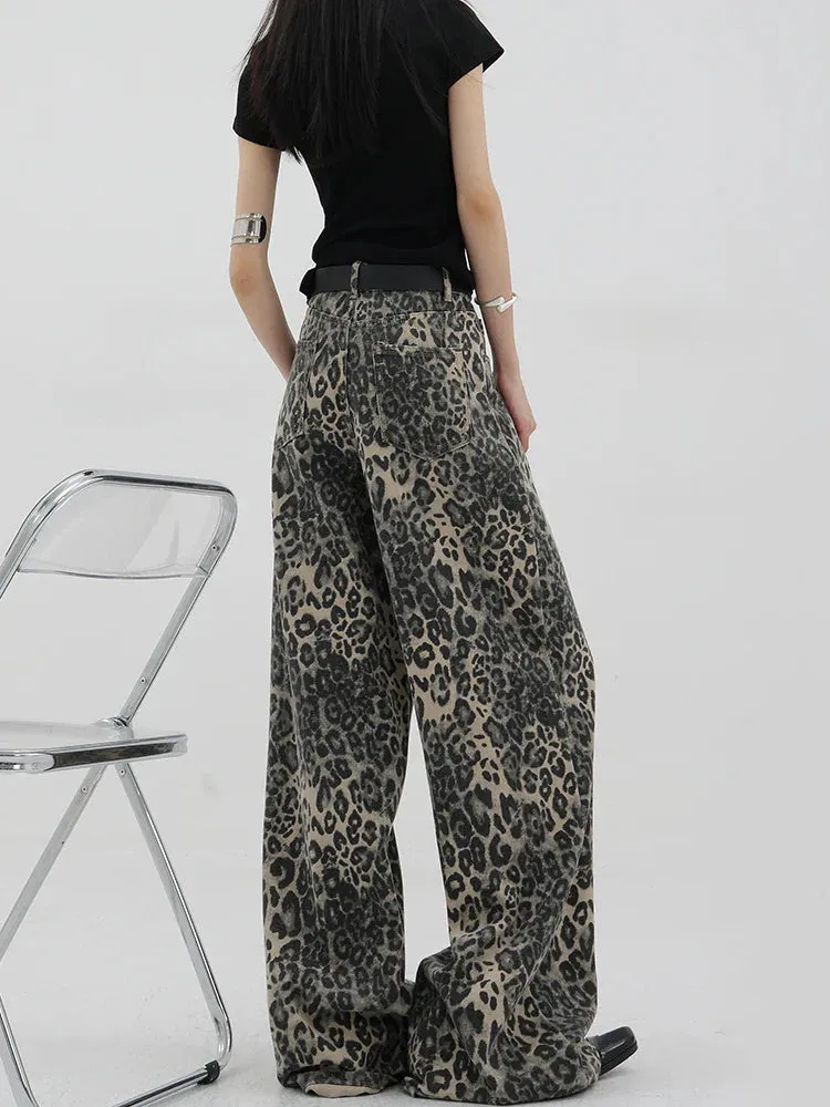 Leopard Print Streetwear High Waisted Wide Leg Jeans