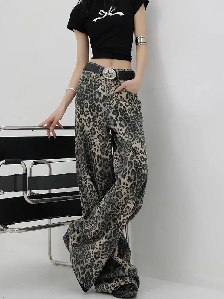 Leopard Print Streetwear High Waisted Wide Leg Jeans