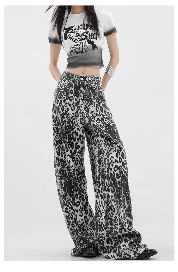 Leopard Print Streetwear High Waisted Wide Leg Jeans