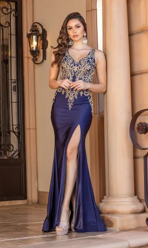 Long Prom Dress with Contrasting Embroidery
