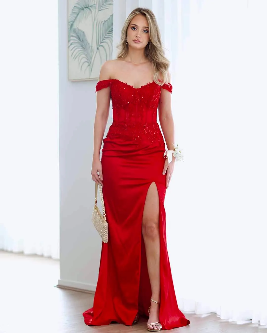 Lorel Beaded Lace Corset Gown - Red