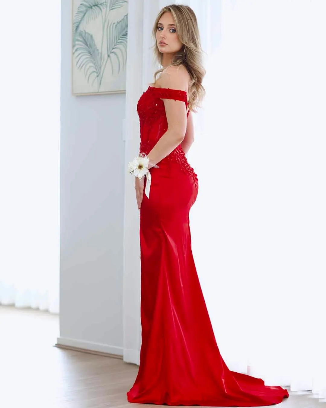 Lorel Beaded Lace Corset Gown - Red